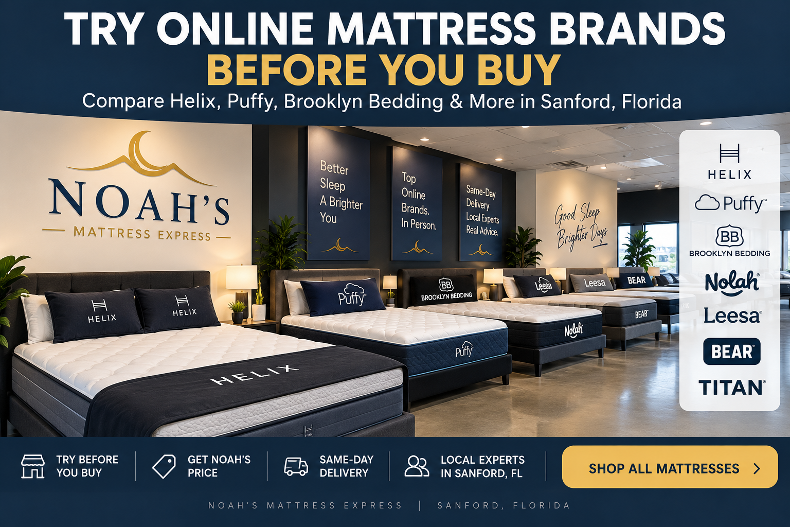 Online mattress brands available to try at Noah’s Mattress Express in Sanford Florida